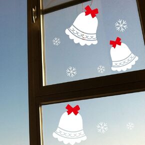 DNVEN Happy Christmas Decals 3 Cute Jingle Bells with Snowflakes Decorative Snow Flake Wall Decals Door Window Stickers Glass for Kids Rooms Nursery Living Rooms Bedrooms Large 31 inches x 43 inches