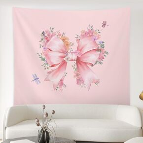 ISANOU Pink Bowknot Flower Tapestry Wall Hangin,Coquette Decor for College Dorm Home Living Room,Preppy Aesthetic Wall Decor,Gifts for Women Teen Girls,50x60 Inches