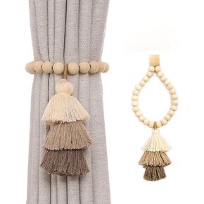 2Pcs Wooden Bead Curtain Buckles, Tassel Bohemian Style Curtain Buckles, Suitable for Bedroom, Living Room, Dining Room Decoration(Pink)