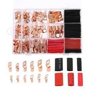 240Pcs Copper Wire Lugs with Heat Shrink Set AWG 2 4 6 8 10 12 Ring Lug Connectors, Battery Cable Lugs, 110Pcs Ring Terminal Connectors with 130Pcs Heat Shrink Tubing Assortment Kit