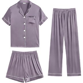 SWOMOG Womens 3pcs Pajamas Set Silk Satin Short Sleeve Sleepwear Button Down Loungewear Pjs Nightwear