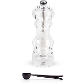 Peugeot - Nancy Acrylic Manual Salt Mill - Transparent Adjustable Grinder Gift Set- With Stainless Steel Spice Scoop/Bag Clip, 7 Inch