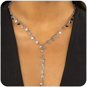 Simple Star Y Long Necklaces Rhinestone Long Necklaces Choker Chain Party Prom Choker Necklace Jewelry for Women and Girls（Gold)