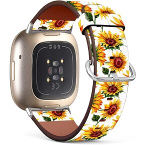 متوافق مع سوار بديل من الجلد المنقوش Fitbit Sense 2 / Sense/Versa 4 / Versa 3 (Sunflower Pattern-Wb02)