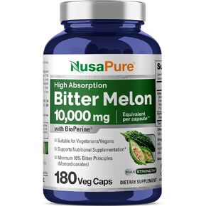 NusaPure Bitter Melon Extract 10,000 mg 180 Vegan Caps (100% Vegetarian, Non-GMO, Gluten-free, 10% Bitter Principles) Bioperine