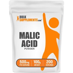 BulkSupplements.com Malic Acid Powder - Malic Acid Supplement, Malic Acid Powder Food Grade - for Energy & Skin Support, Gluten Free - 500mg per Serving, 100g (3.5 oz)
