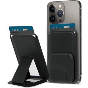 Mhvewi Magnetic Wallet Stand Compatible with iPhone 15/14/13/12 Series & Magsafe Case,Angle Adjustment, Store 1-2 Cards, Leather Magnetic iPhone Wallet, Black
