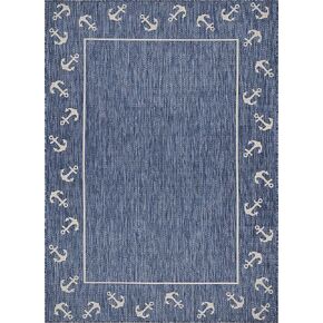 Lr Home Ox Bay Seamas Nautical Anchor Border Indoor Outdoor Rug, Navy/White, 7'6" x 9'5"