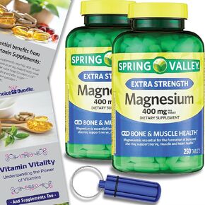 Spring Valley Magnesium Bone & Muscle Health Dietary Supplement Tablets 400 mg 250 Ct Choice Bundle - Plus “Vitamin Vitality" Guide and Pill Container (3 Items)!