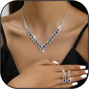 YANCHUN Silver Wedding Jewelry Sets for Brides Bridesmaid Formal Rhinestone Necklace Bracelet Earrings Prom Costume Jewelry for Women Wedding Day Party Accessories