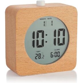 Plumeet Wooden Digital Alarm Clock for Bedrooms, Wood 4'' Battery Powered Alarm Clock with Snooze and Nightlight, Electronic LCD Desk Clock Display Time, Date, Temp, 12/24H, Wood Décor, Round