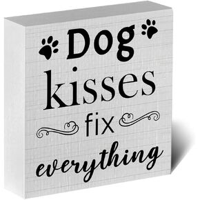 ENGVZ Country Dog Kisses Fix Everything Artwork Wood Box Sign Rustic Farmhouse Style Dog Lovers Wood Block Plaque 5 X 5 Inches Home Desk Sign Decor for Presents
