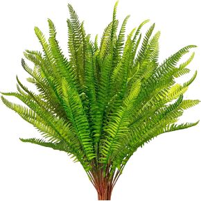 Boston Fern Artificial Plants Outdoor 19" Long Stem Large Shrubs Faux Greenery Bush Green Leaves DIY Office Home Decor UV Resistant Real-Touch Plastic Outside Garden 4pcs Pack