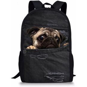 Coloranimal Cute Pug Dog Backpack Kids Vintage Denim Print School Bags Girls Bookbags