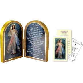 Divine Mercy Image - Laminated Divine Mercy Chaplet Prayer Card, The Lord's Prayer Card - Standing Gold Embossed Divine Mercy Picture Diptych - Cuadro De La Divina Misericordia - 3 Items Total