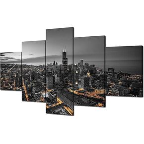 Chicago Skyline Picture Frame Wall Art Black and White Chicago Wall Decor Chicago Canvas Print Illinois Cityscape Painting Poster Stretched Home Living Room Bedroom Decoration(60x32 inches)