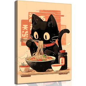 Japanese Noodle Black Cat Canvas Wall Art Trendy Tokyo Ukiyoe Cats Wall Decor Pictures Retro Cute Tokyo For Kitchen Posters Prints for Kids Teens Room Boys Girls Bedroom Decoration