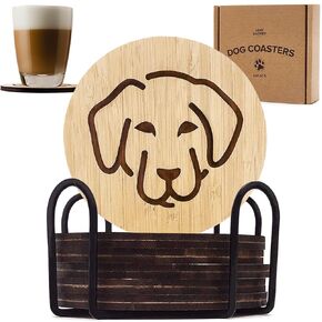 Set of 6 Bamboo Coasters with Holder - 3.9" Fun Dog Coasters - Non-Stick Absorbent Engraved Laser-Cut Coasters with Dog Face - Durable, Washable - Designed in The U.S. (Doodle)