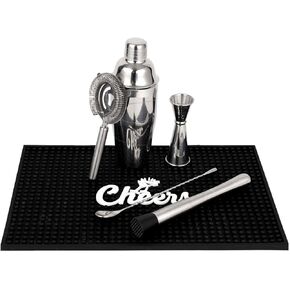 Lexenic Professional Starter Bartender Kit Cocktail Shaker Set,6 Piece - Home Bar Tool Set - Drink Mixer Kit with Accessory Tools: Bar Mat,Martini Shaker, Jigger, Strainer, Bar Spoon, Muddler (Kit E)