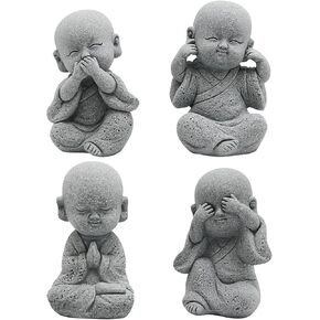 VIKKSAER Cute Baby Buddha Statue, Sandstone Smiling Sculptures Home Feng Shui Décor, Monks Figurine Delicate Buda Cultural & Creative Gifts Dolls Ornaments for Office, Car 4 Pcs