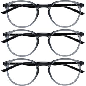 OPULIZE Met - Reading Glasses Blue Light Blocking 3 Pack Slim Round Frame Spring Hinges Improve Sleep Computer Gaming Anti-Reflective Transparent Grey Mens Womens BBB60-7 +2.50