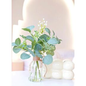 Artificial Eucalyptus Stems and Baby's Breath Flowers in Glass Vase with Faux Water, 8 Stems Fake Plant Eucalyptus Leaves with Small White Flowers for Home Decor Farmhouse Kitchen Table Centerpiece