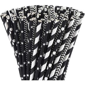 ALINK Biodegradable Black Paper Straws, 100 Stars/Dots/Stripes/Waves Drinking Straws for Halloween, Birthday, Wedding, Bridal/Baby Shower and Christmas Decorations