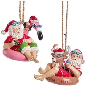 Kurt S. Adler Beach Santa on Flamingo and Reindeer Floats Christmas Holiday Ornaments Set of 2
