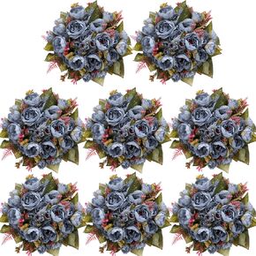 Geosar 8 Bundles 40 Heads Artificial Peonies Silk Flowers Fake Peony Bouquet Faux Peonies Flowers Bulk for Decoration Vase Florals Arrangements Wedding Home Party Table (Blue)
