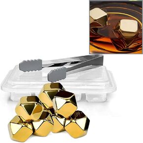 Stainless Steel Chilling Cubes Reusable Ice Cube Whiskey Stones for Drinks Beverage Jumbo Chilling Stones Set with Ice Tongs and Freezer Storage Tray for Whiskey, Gold Color Edition (8 Pack)