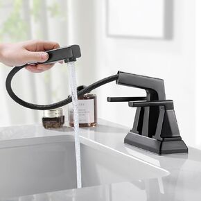 HANLIAN 2 Handle Bathroom Sink Faucet 3 Hole with Pull Out Sprayer, Matte Black, 4 Inch Centerset Bathroom Faucet with Retractable Hose, Hot and Cold Water Mixing Faucet