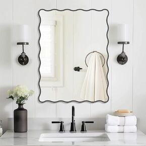 Black Wavy Bathroom Mirror 28" x 40" Rectangle Scalloped Mirror for Wall Decor, Bathroom Vanity, Bedroom, Living Room, Entryway