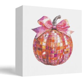 Disco Fall Pumpkin Coquette Bow Desk Table Decor Sign, Pink Bow Decor, Fall Pumpkin Decorations for Home, Pink Coquette Room Decor, Bow Pumpkin Room Decor Aesthetic for Girls, 5x5 Inch