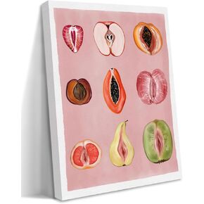 Funky Pink Fruit Canvas Wall Art, Food Fruity Sliced Posters Prints Painting, Preppy Women Body Positivity Picture Wall Decor for Kitchen Bedroom Living Room 12x16In Framed