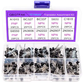 250Pcs 10-Values Transistor Kit, A1015 BC327 BC337 S8050 S1815 S8550 2N2222 2N2907 2N3904 2N3906 Assortment, with Plastic Box (Transistor Kit)