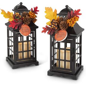 Gerson 2558240 Battery Operated Thanksgiving Lighted Metal Lanterns, 10.5-inch Height