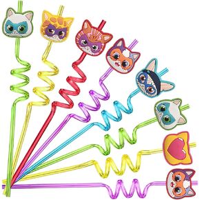 24pcs Super Cat Birthday Party Supplies Super Cat Party Favors Straw Cartoon Themed Reusable Plastic Straws with 2pcs Cleaning Brushes for Cartoon Themed Birthday Party (6 Styles)
