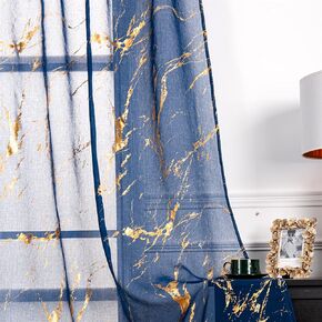 Deeprove Navy Marble Sheer Curtains 84 Inches Long 2 Panels Set, Gold Foil Metallic Bronzing Print Window Treatments for Bedroom, Privacy Abstract Ink Artistic Drapes, Rod Pocket, 52" W x 84" L