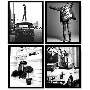 PoyBux Design Fashion Wall Art Poster Prints Set of 4 UNFRAMED ( 8''x10'' ) Black and White Fashion Wall Art, Wall Art Vintage Fashion Poster, Retro Pop Art Trendy Posters for Teen Girls Woman