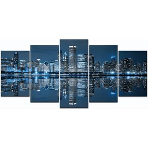 LevvArts Chicago Canvas Wall Art Chicago Skyline Picture Painting Blue City Night Decoration for Office Living Room (Large)
