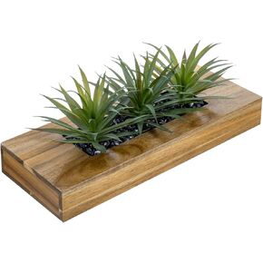 MyGift 15 Inch Large Artificial Green Grass Plants in Premium Acacia Solid Wood Decorative Planter, Tabletop Faux Greenery Decor with Wooden Rectangular Container