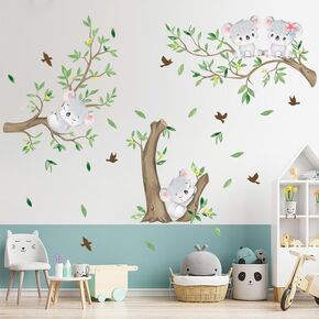 Cute Cartoon Koala Wall Decals Green Tree Leaves Wall Stickers Baby Nursery Kids Bedroom Living Room Wall Decor (UV70324T)
