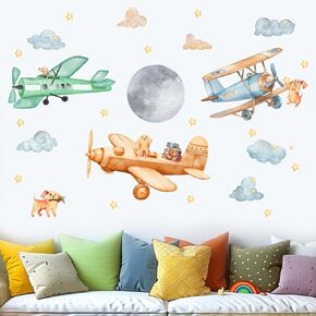 Airplane Wall Decals - Puppy Aircrafts Wall Stickers - Kids Baby Boys Nursery Children Daycare Bedroom Playroom Wall Decor