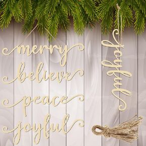24 Pieces Christmas Wooden Signs Wooden Cutout Letter Ornaments Wooden Joyful Peace Believe Merry Sign Decoration Vintage Vertical for Farmhouse Bedroom Living Room (Natural)
