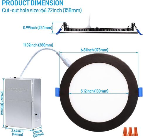 إضاءة TORCHSTAR مقاس 6 بوصات 5CCT مع J-Box، إضاءة LED رفيعة للغاية، إضاءة سفلية من الألومنيوم قابلة للتعتيم بدون غطاء، ETL&ES، 2700K/3000K/3500K/4000K/5000K، برونز مطلي بالزيت، حزمة من 6 قطع in Kuwait