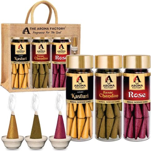 The Aroma Factory Organic Dhoop Cones | Kesar Chandan, Kasturi Musk & Rose Incense Cones | No Charcoal, Scented Incense | 3x30 Cones, Pack of 3 Jute Bag Giftset in Saudi Arabia