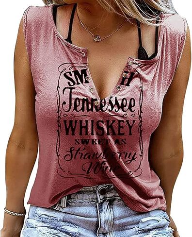 Smooth As Tennessee Whiskey Sweet As Strawberry Wine T Shirt Ring Hole V-Neck Loose Fit Tops Women Country Music Retro Blouse in Saudi Arabia