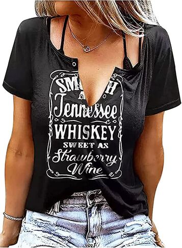 Smooth As Tennessee Whiskey Sweet As Strawberry Wine T Shirt Ring Hole V-Neck Loose Fit Tops Women Country Music Retro Blouse in Saudi Arabia
