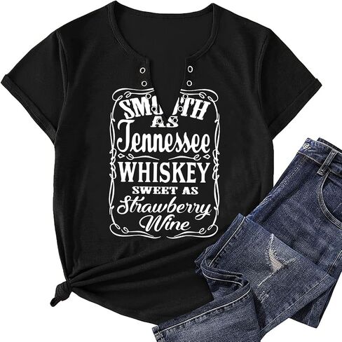 Smooth As Tennessee Whiskey Sweet As Strawberry Wine T Shirt Ring Hole V-Neck Loose Fit Tops Women Country Music Retro Blouse in Saudi Arabia