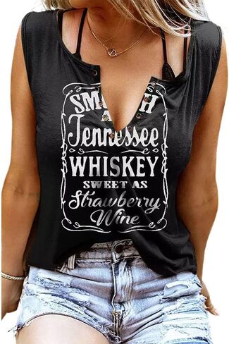 Smooth As Tennessee Whiskey Sweet As Strawberry Wine T Shirt Ring Hole V-Neck Loose Fit Tops Women Country Music Retro Blouse in Saudi Arabia